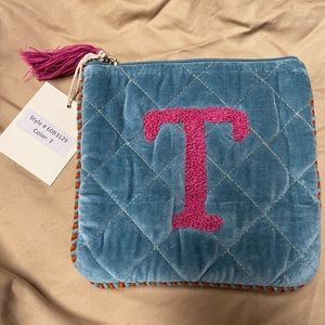 NWT Macchia Di Ruggine Hand Embroidered “T” Velveteen Pouch
